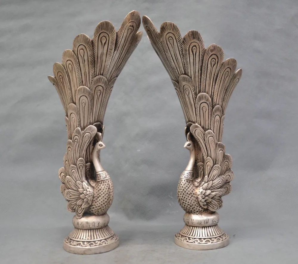 

2pcs 14'' China Silver Bronze Peacock Vase pair of Statue white copper craft tools wedding Decoration Brass real Antique Old