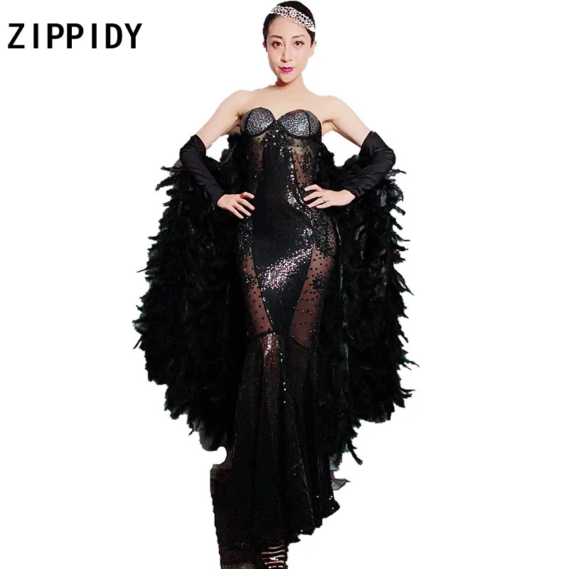 

Flashing Black Rhinestone Feather Sleeves See Through Dress Nightclub Women Singer Dance Mesh Dress Prom Party Birthday Dress