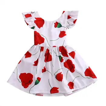 

Summer New Sweet Girls Rose Flower Print Cute Dress Cotton Short Sleeve Floral Print Girls Ball Gown Dresses 1-6T