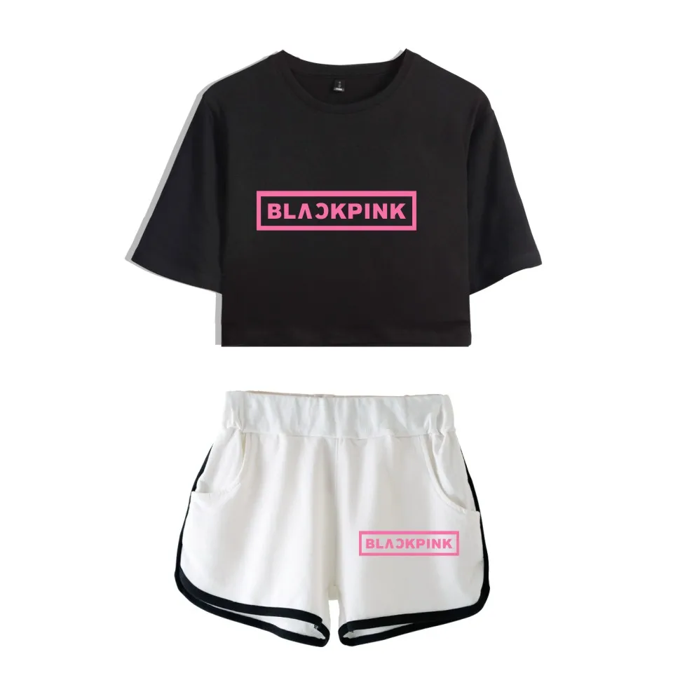 WEJNXIN летний Kpop черно-розовый укороченный топ и штаны, комплект, черный, розовый спортивный костюм для женщин, поддержка вентилятора, комплект из двух предметов, наряды Conjunto