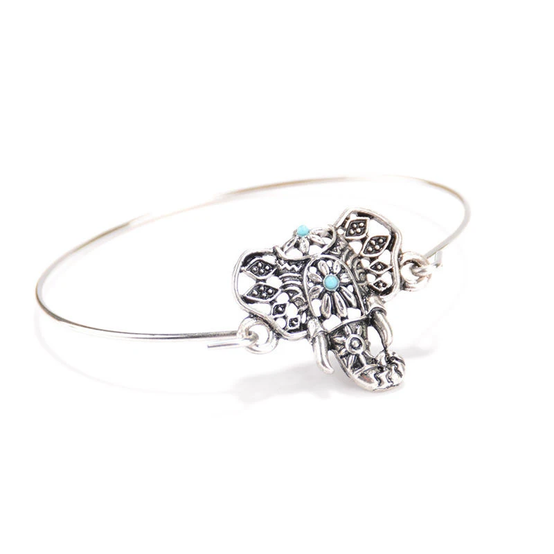Women Retro Ethnic Boho Hollow Elephant Totem Bangle Bracelet Cuff Jewelry