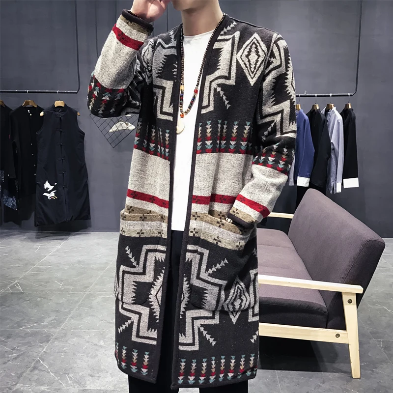 Spring Thin Knitting Trench Mens Printed Pocket Open Stitch Straight Casual Pattern Mens Trench Fashion