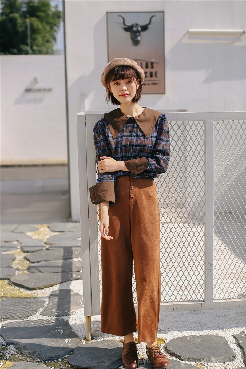 Женские брюки из плотной замши на осень и зиму,, японский стиль, винтажные однобортные брюки с высокой талией, широкие брюки, Палаццо