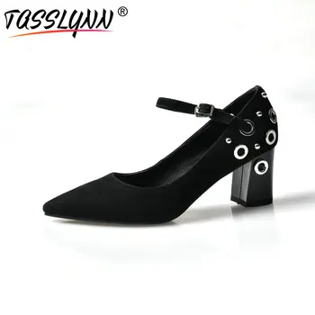 

TASSLYNN 2019 Women Pumps Hollow Buckle Strap Pointed Toe Shoes Square High Heels Retro Spring Autumn Shoes Woman Size 34-39