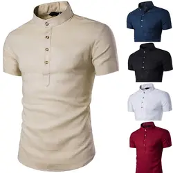 Для мужчин со стоячим воротником короткий рукав ежедневному облику льняные Рубашки, Топы, блузки W528