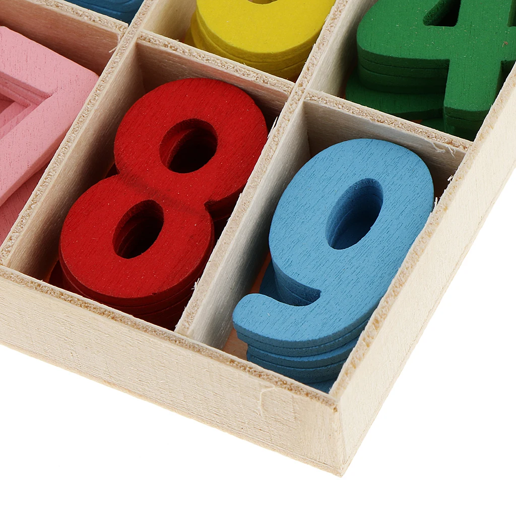60pcs Colorful Mini Wood 0-9 Arabic Number Embellishment with Wood Storage Tray for Kids Educational Toys Games