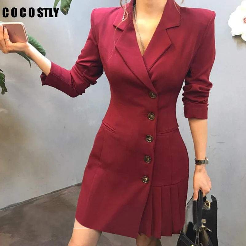 

Pleated Hem Patchwork Blazer Coat For Women High Waist Long Sleeve Slim Female Suits Autumn Fashion blazer feminino