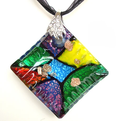 

RED SNAKE Murano Glass Green Yellow Red & Colorful Rhombus Pendant Necklace
