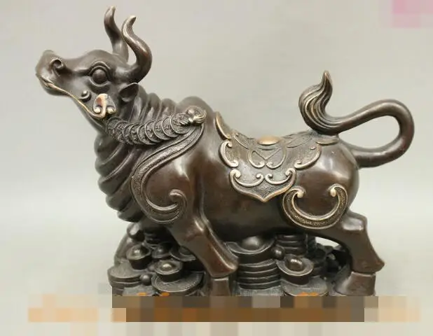 

S03337 10" FengShui Chinese Folk Bronze Wealth YuanBao Year Zodiac Lucky OX Bull Statue B0403