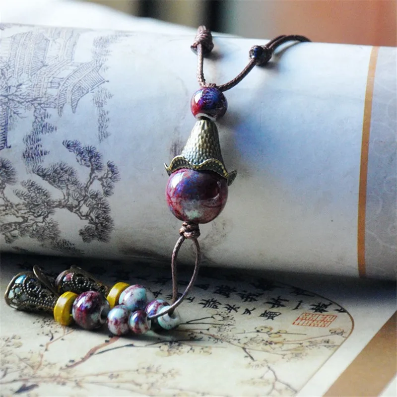 

SEA MEW Fashion Metal Alloy Ceramic Necklace Porcelain Beads Pendant Adjustable Long Sweater Necklace For Women Girl's Gift