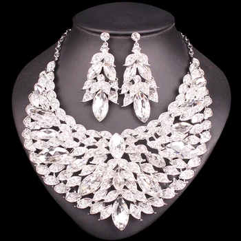 

New Crystal Bridal Jewelry Sets Leaves Shape Wedding Necklace Sets Turkish Jewelry Costume Earrings For Women Gold Color Jewelry
