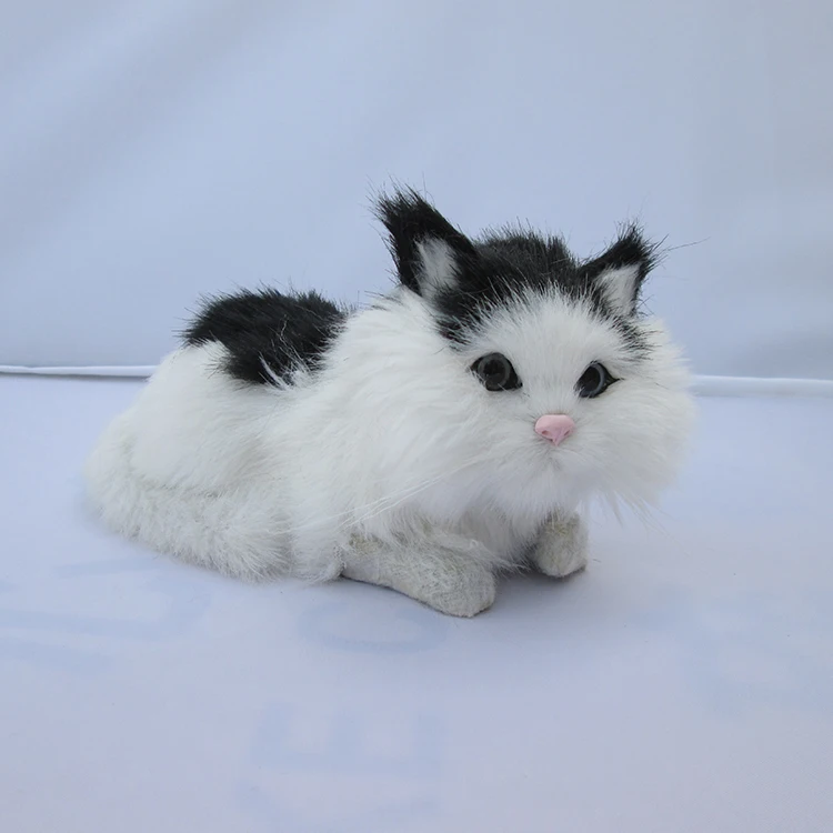 

about 16x8x9CM black&white lying cat model, polyethylene&furs handicraft Figurines home decoration toy a2727