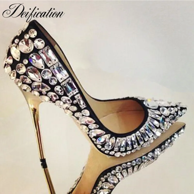 

Deification Sapatos Stylish Pointed Toe Beaded Stiletto Pumps Celebrity Spiked High Heels Crystal Studded Bridal Wedding Shoes
