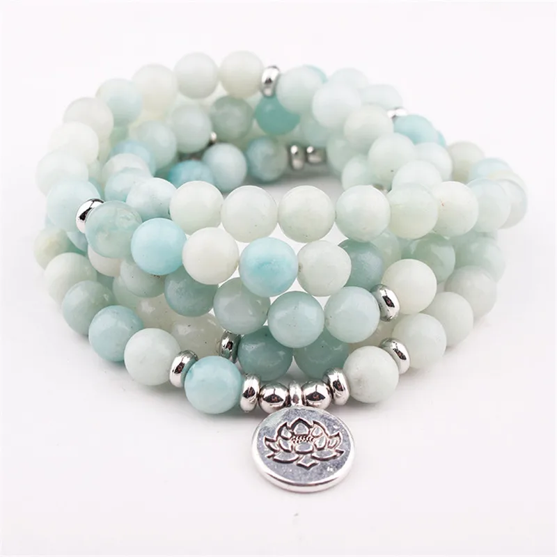 

GVUSMIL Fashion 2017 Women`s 8 mm AB+Amazonite Bracelet 108 Mala Beads Bracelet or Necklace Lotus Charm Yogi Birthday Gift