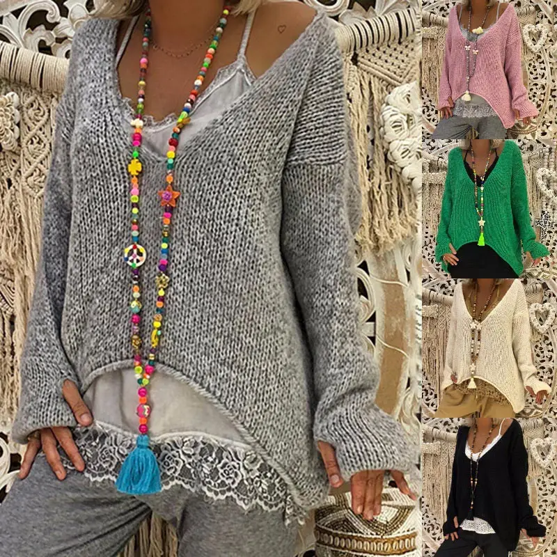 

Women Sweater Knitting Long Sleeve V Neck Lady Tops Irregualr Hem Loose Casual Autumn Winter Women Pullover Plus size FS99
