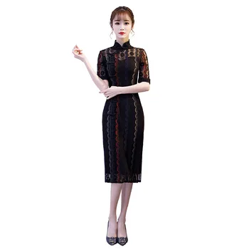 

Black Lace Embroidery Chinese Style Handmade Button Dress Vintage Ladies Short Qipao Classic Stage Show Elegant Female Cheongsam