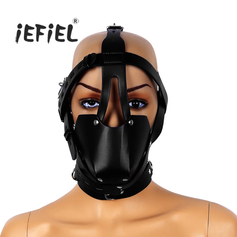 

Unisex Adjustable Leather Fancy Dress Masks Full Covered Hood Mask Buckled Lockable Head Harness with Mouth Ball Gag for Costume