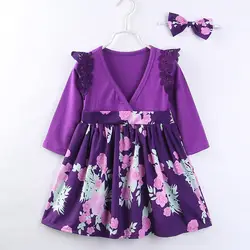Дети Infantil для маленьких девочек Костюмы с длинным рукавом хлопок фиолетовый цветочные дети 2018 Новый стиль платья для малышек Обувь для