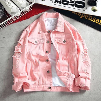 

Men's Jacket Jeans 2020 Cotton Ripped Hole Fashion Plus Size 5XL 4XL M Outwear Clothings Pink Black Jackets