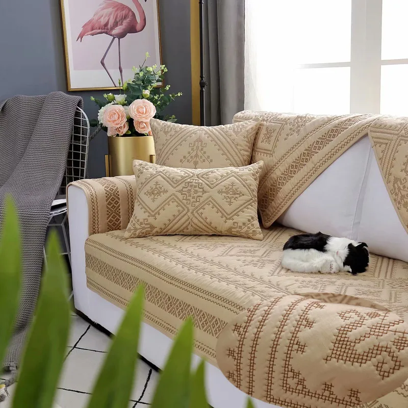

National Style Beige Yellow 100% Cotton Cross Stitch Quilting Non-slip Sofa Cushion Home Decorative combined Sofa Cover