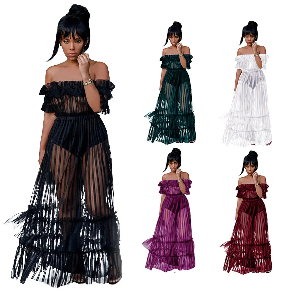 

Women Ruffle Off Shoulder Mesh Swimsuits Cover-Ups Sheer See Through Bikini Cover Up Tulle Lace Beach Long Dress