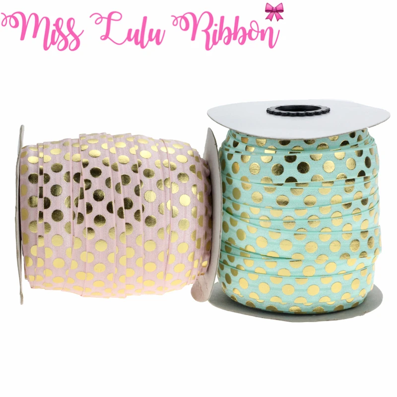 5/8&quot16mm(1.5cm) white gold foil polka dots printed fold over elastic ribbon glitter band handmade hair bows sewing tool 50 yards | Дом и