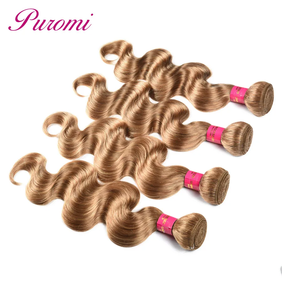 

Puromi Indian Body Wave 4 Bundles Honey Blonde Pure Color #27 Hair Extensions Double Weft Hair Weave Non Remy 100% Human Hair