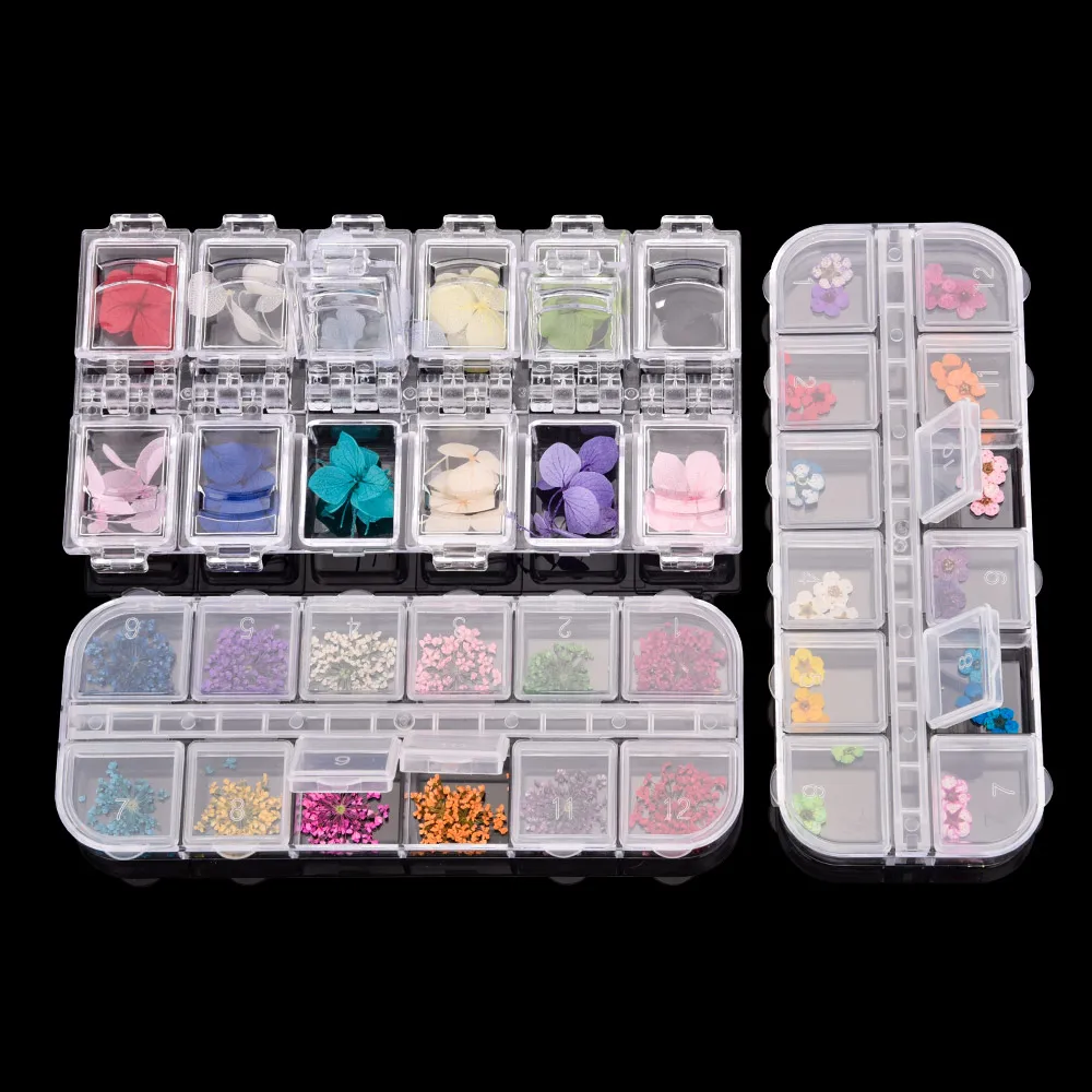 

12 Colors Dried Flowers Nail Art DIY Preserved 3D Nail Stickers Flower Tips with Box Nail Rhinestone For Manicure Nail Art Tools