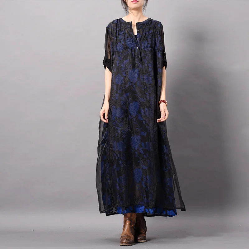 

Johnature Blue Floral Dress Vintage Organza Fake Two Pieces Women Cloths 2019 Spring New Chinese Style Elegant Dress For women