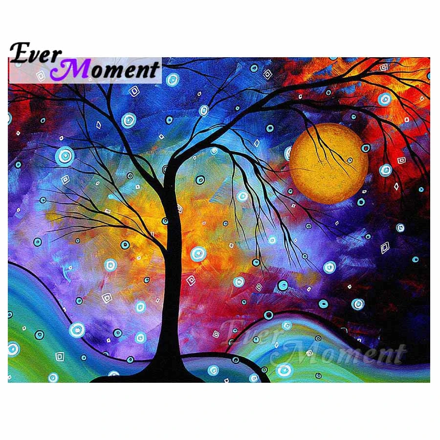 Ever Moment Diamond Painting Tree Moon Colorful Decoration For Home Picture Mosaic Diamond Embroidery 5d Diy Needlework S2f808 Diamond Painting Cross Stitch Aliexpress