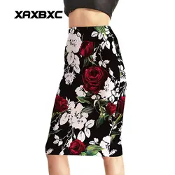 Новое прибытие 0014 Sexy Girl Для женщин летние Black Rose цветок 3D принтами приталенное пикантные вечерние по колено плотный юбка-карандаш