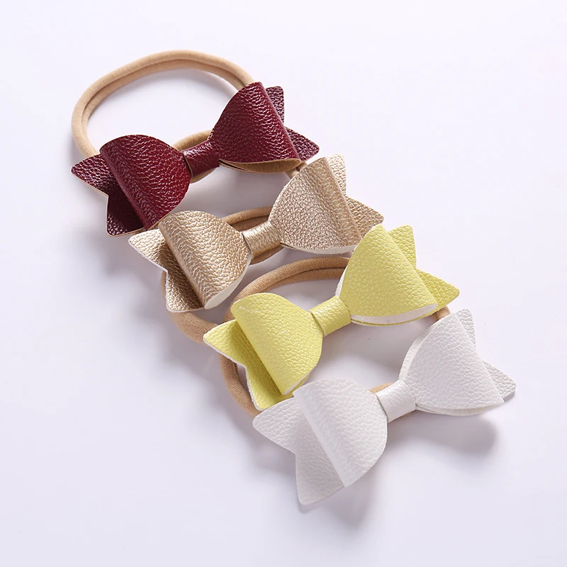

5pcs/lot Cute Bows Soft Leather Headbands With Nylon Hair Accessories Baby Girls Elastic Strentch Head bands Hair Accessories
