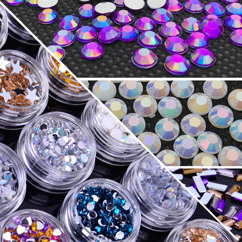 

1 Box 24 Colors Optional Nail Art Rhinestones Solid Color AB Color Acrylic Flatback Stone Nails DIY Decoration Accessories Tools