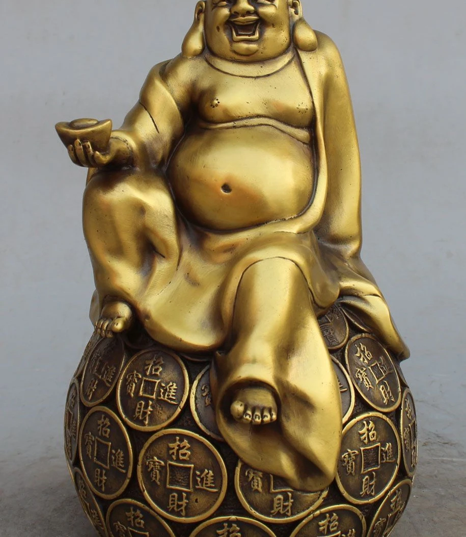 

11" China Bronze Wealth Happy Laugh Maitreya Buddha YuanBao On Money Ball Statue