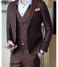 2018 Boys Coffee Fashion Geometric Plaid Printed Men Suit Vest With Pants 3 Piece Slim Fit Wedding Tuxedo Suits for Men Mauchley