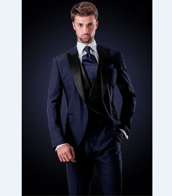 Custom Made Groomsmen Peak Black Lapel Groom Tuxedos Navy Blue Men Custom Made Groomsmen Peak Black Lapel Groom Tuxedos Navy Blue Men Suits Wedding Best Man Blazer