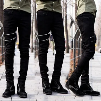 

Men Biker Denim Jeans Zipper Ripped Jeans For Men Skinny Distressed Slim Fit Kanye West Skinny Jeans Hip Hop Swag Black Jean Man