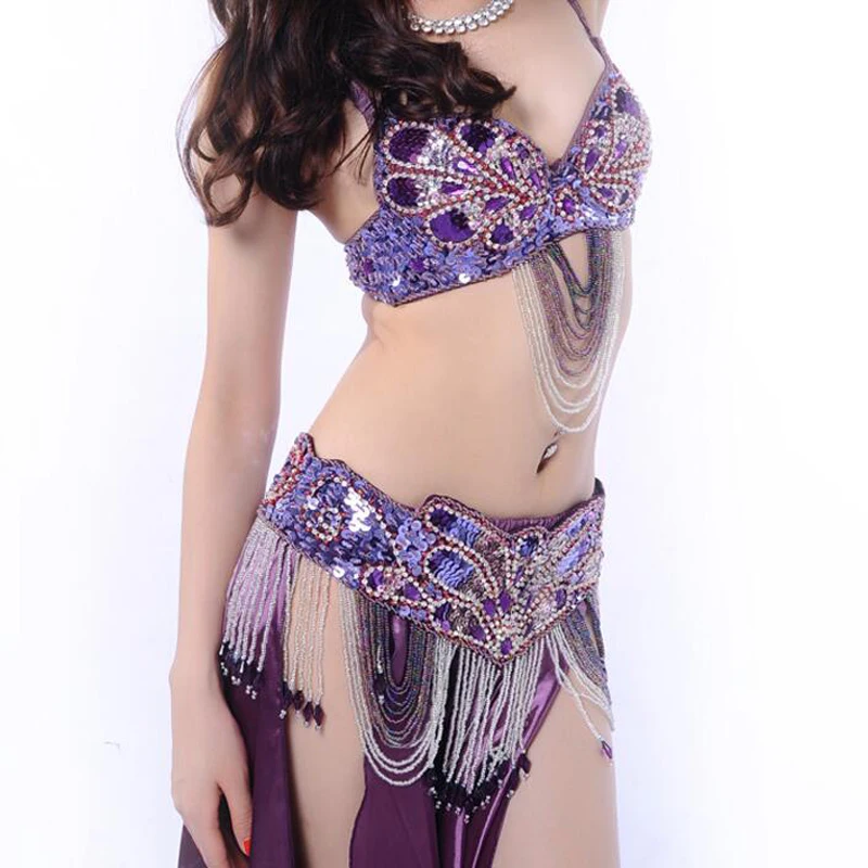 

Belly Dance Costumes Luxury sequins beaded tassels bra top+hip belt chain 2pcs set Professional Performance Dancewear CZ021
