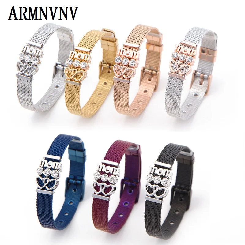 

ARMNVNV Mom Love Heart Slide Charms Keeper Bracelets Stainless Steel Mesh Pulseras DIY Charm Jewelry for Mothers Day Gift
