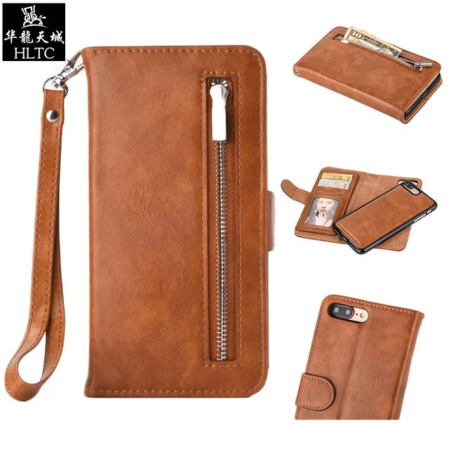 

2 in 1 Detachable Magnetic Zipper Leather Case Wallet Pouch Flip Case Cover for iPhone 7 6 6S Plus with Credit Card Holder