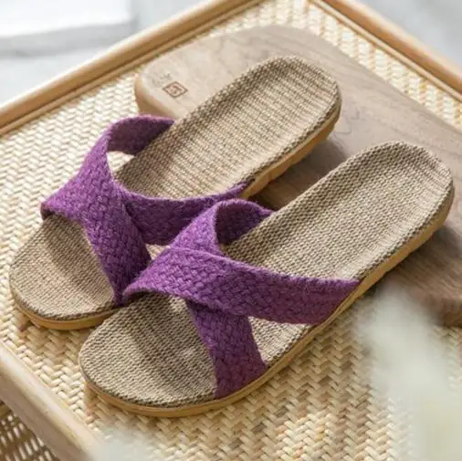 Purple Женские льняные тапочки с перекрестными ремешками; пляжные вьетнамки; Домашние Нескользящие льняные тапочки EVA Mute; женские шлепанцы; домашняя обувь; сандалии на плоской подошве - Цвет: Purple