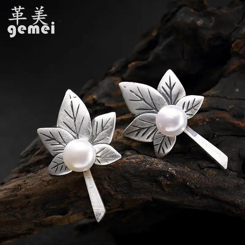 

Gemei Retro High-quality 925 Sterling Silver Jewelry Thai Female Maple Leaf Mosaic Shell Beads Stud Earrings For Women
