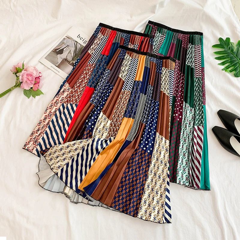 

2019 summer women's geometric pattern print pleated skirt high waist fashion temperament elastic pleated skirt large swing