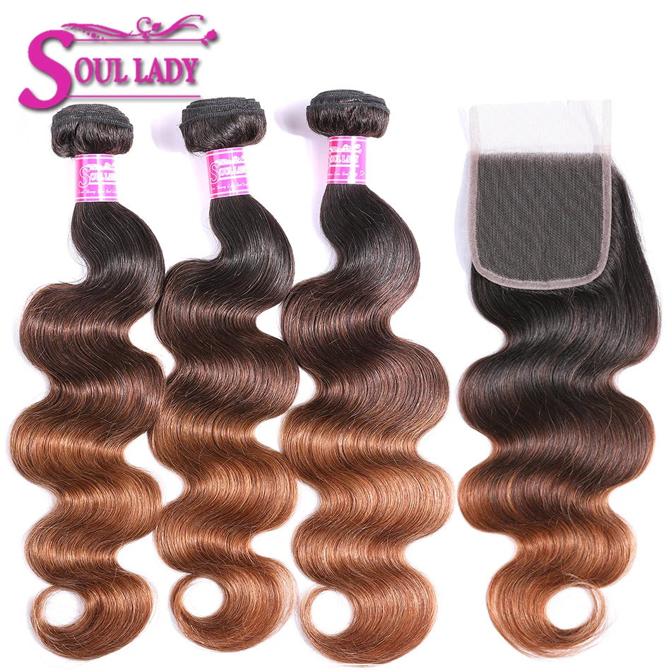 

Ombre Peruvian Body Wave Bundles With Closure Three Tone Color 1b/4/30 Non Remy 100% Ombre Hair Extension Weft With Closure