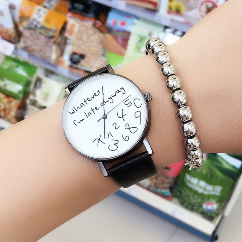 내가 어쨌든 늦었 어 크리 에이 티브 시계 간단한 거리 레저 여성 석영 가죽 시계 특성 숙녀 패션 시간