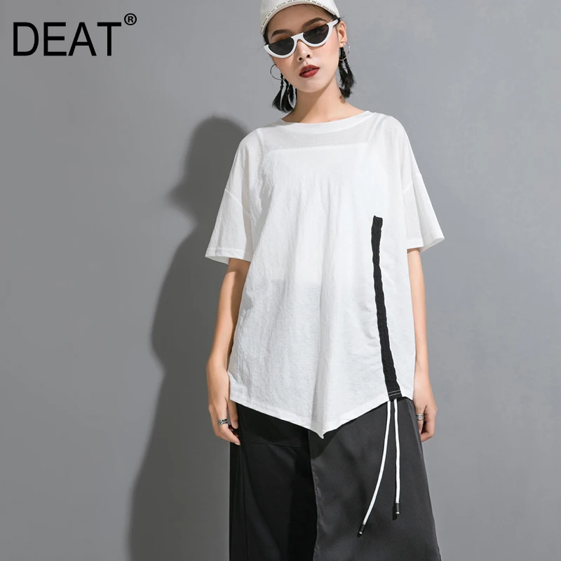 

[DEAT] 2019 New Spring Summer Round Neck Short Sleeve Black Hit Color Drawstring Loose Big Size T-shirt Women Fashion Tide JW90
