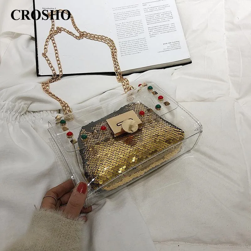 

CROSHO Single Shoulder New Female Sequins Color Nail Transparent Jelly Bag Girls Fashion Small Square Bags Hasp