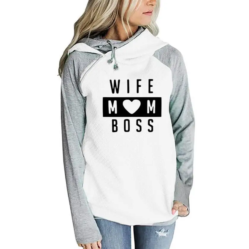 WIFE MOM BOSS Pattern Letters Print Hoodies For Women Zipper Decoration Kawaii Sweatshirts Hoodies Femmes Girls Female 2018 And