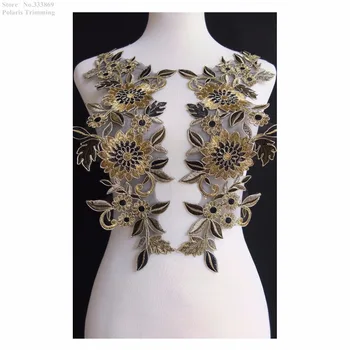 

Free Shipping 1Mirror Pair=2pcs x New Gold/Black Flower Embroidery Lace Applique Trim Patches Dance Costume Accessories PBNC121D