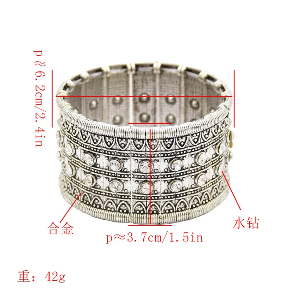 Индийский этнический эластичный браслет из тибетского серебра, металлические стразы, широкий Браслет-манжета и браслет для женщин, винтажный богемный турецкий